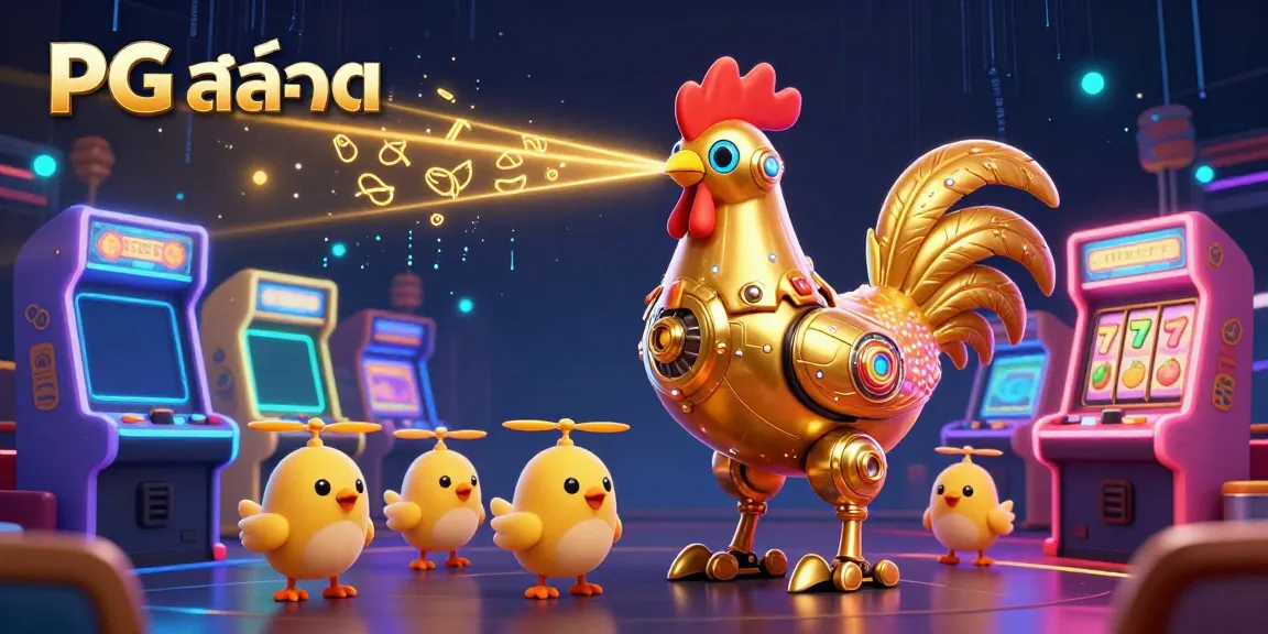 Engage in thrilling gameplay with PG สล็อต depicted through a dynamic 3D illustration of a golden rooster robot in a casino.
