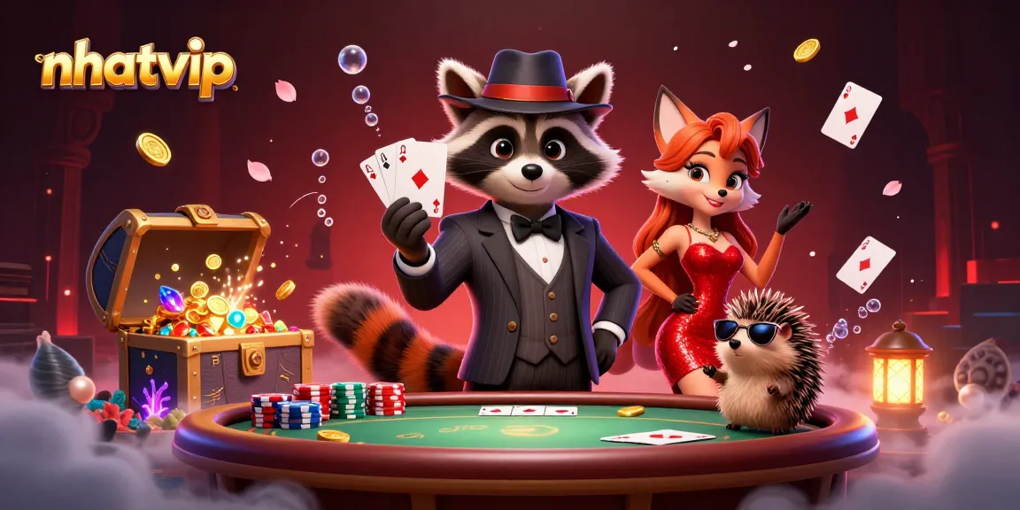 Nhatvip casino scene featuring poker elements with a raccoon, fox, and hedgehog enjoying the game.