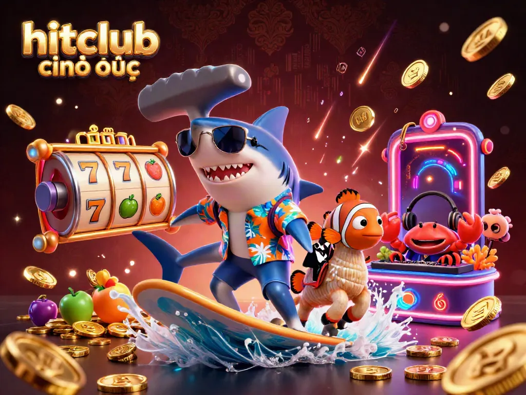 Experience the excitement at hitclub chính thức with a vibrant 3D casino scene featuring a shark and friends amidst dynamic winnings.