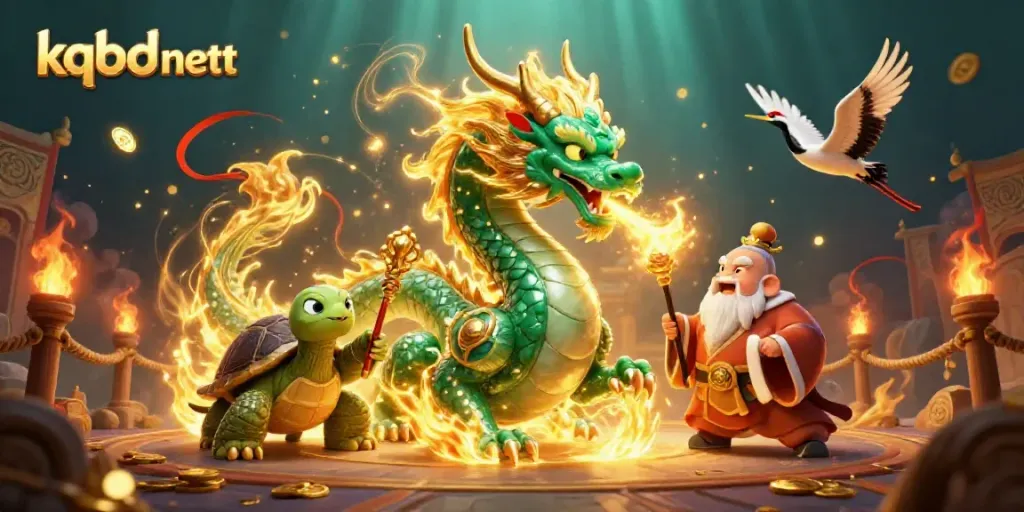 Engage with kqbd nett's dynamic illustration of fortune, featuring a jade dragon, sage turtle, and lucky cranes.