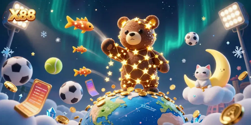 X88 casino illustration featuring a constellation bear scooping coins, embodying winning entertainment.