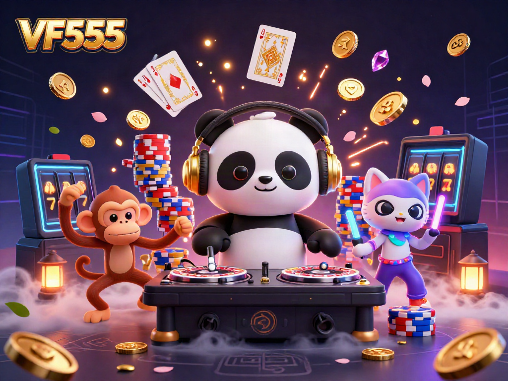 Experience exciting gameplay with VF555 in a vibrant casino scene filled with animated characters.