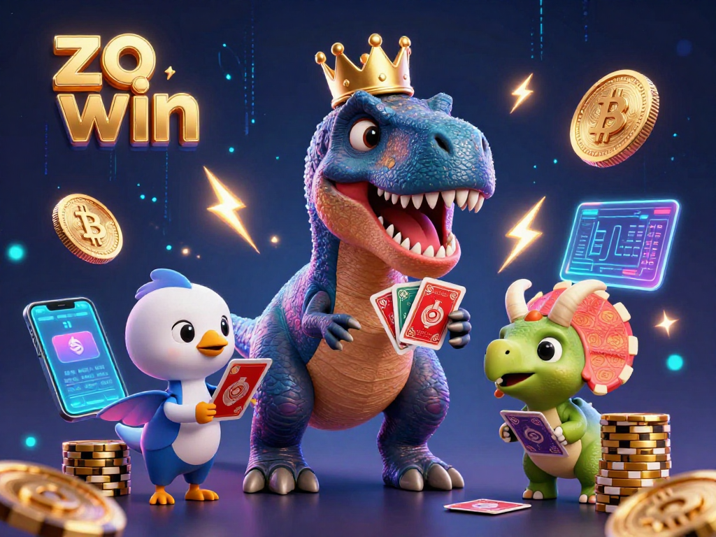 Experience the fun at zo win with cute dinosaurs playing cards, surrounded by vibrant crypto elements.
