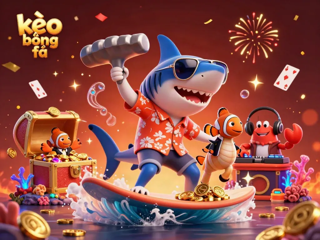 Engage in exciting kèo bóng đá action through a festive scene with vibrant characters and golden rewards.