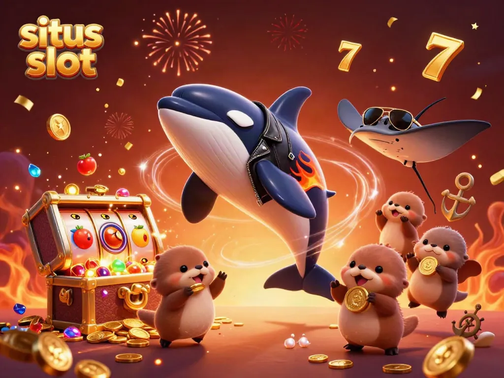 Engaging scene of a colorful 3D cartoon whale and family of otters celebrating with gold, highlighting situs slot excitement.