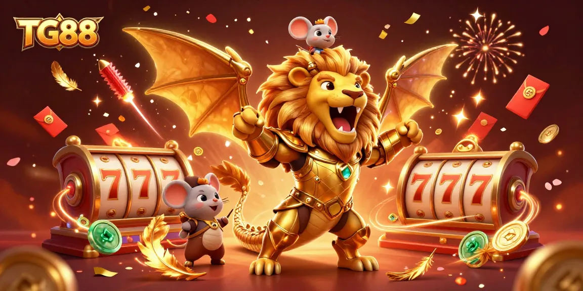 Experience the excitement of TG88 casino with a dynamic 3D illustration featuring a roaring chimera and dazzling game elements.